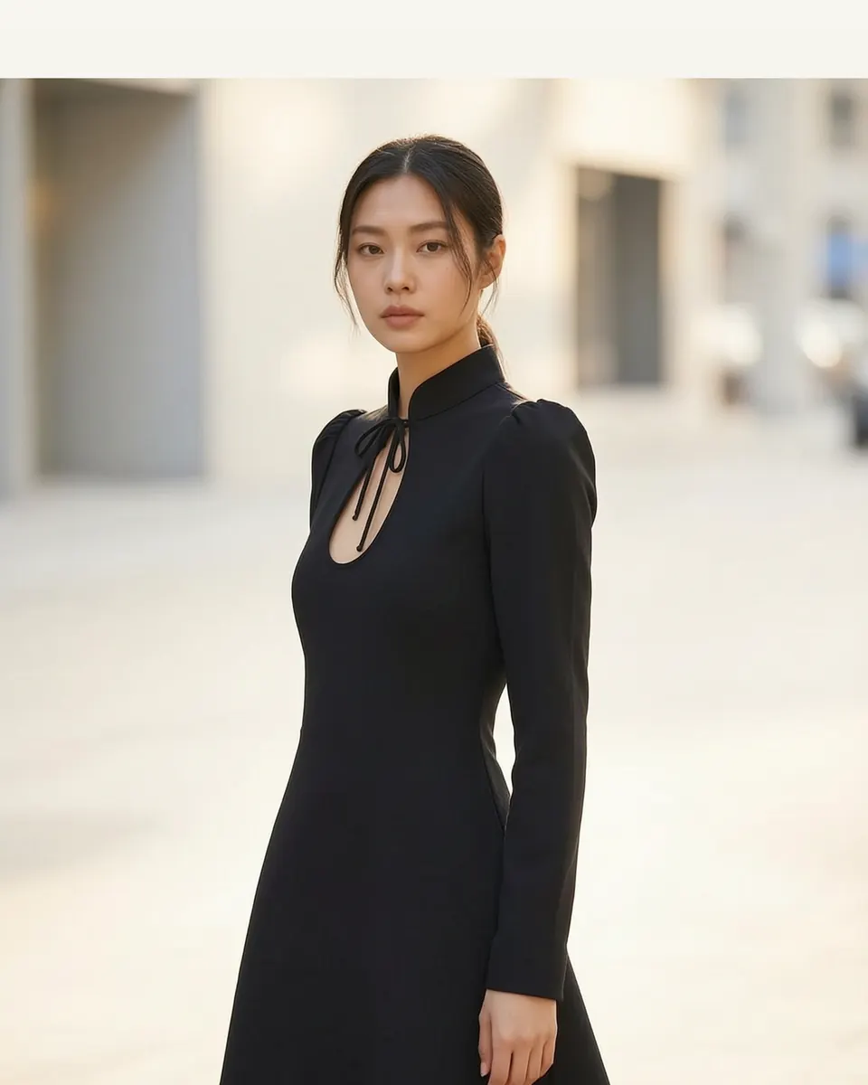 Womens Short A-Line Dress With Long Sleeves And A Mandarin Collar