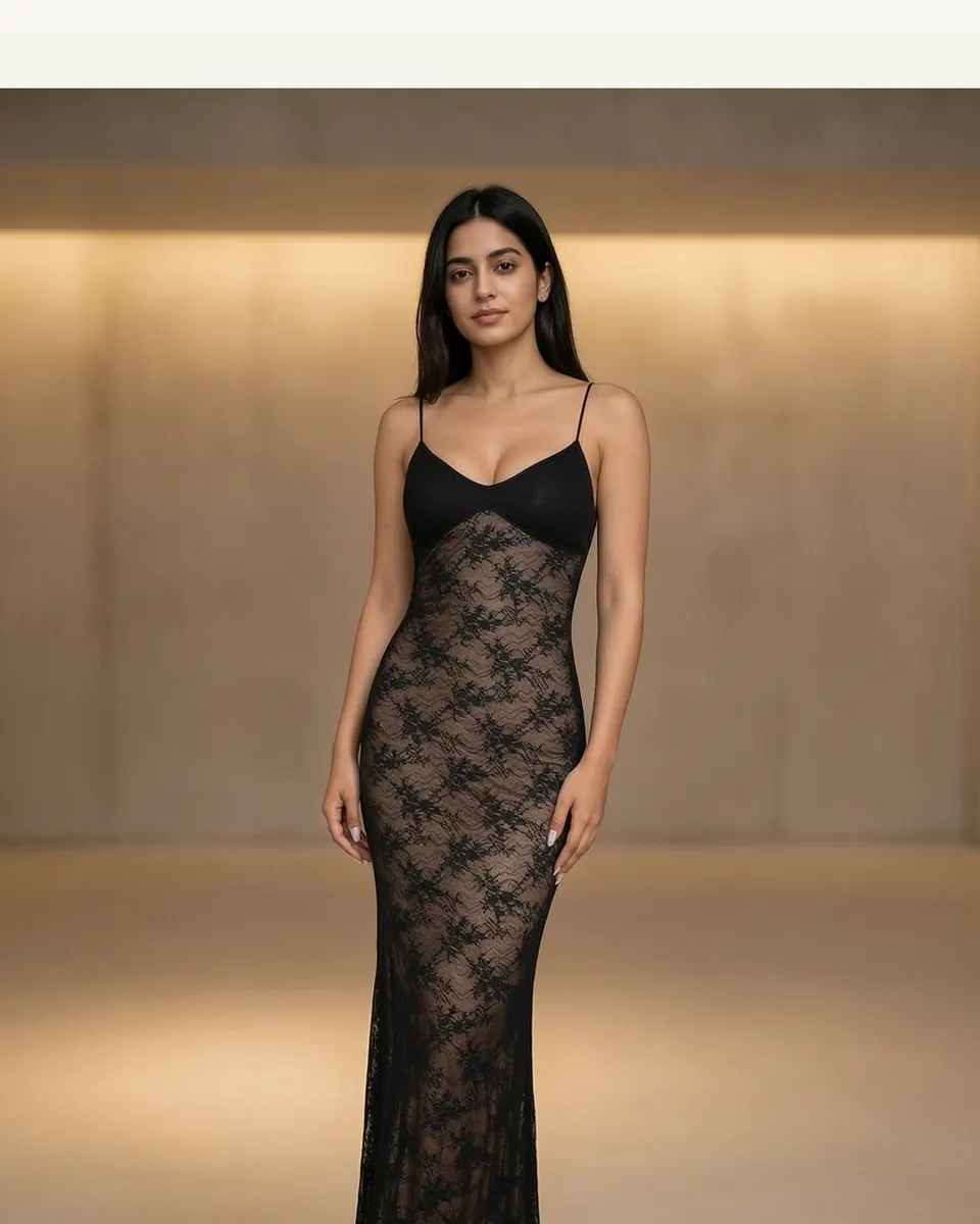 Backless Lace-Panel Sexy Slim-Fit Solid-Color Strap Long Dress