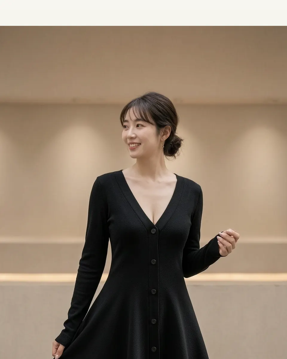 Pure And Alluring Black V-neck Long-sleeve Knit Dress