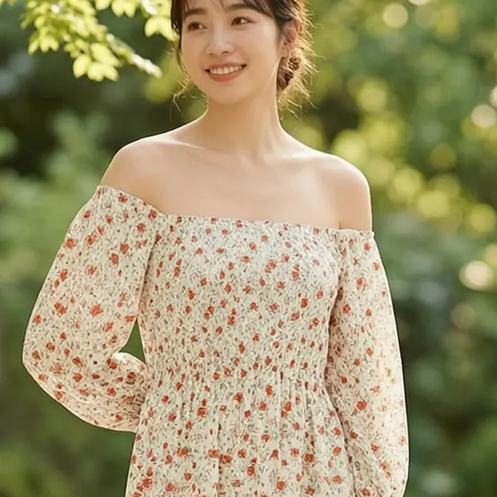 잔꽃 시폰 미디 드레스 디테일