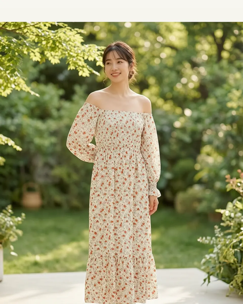 Long-sleeved Chiffon Dress With A Small Floral Print