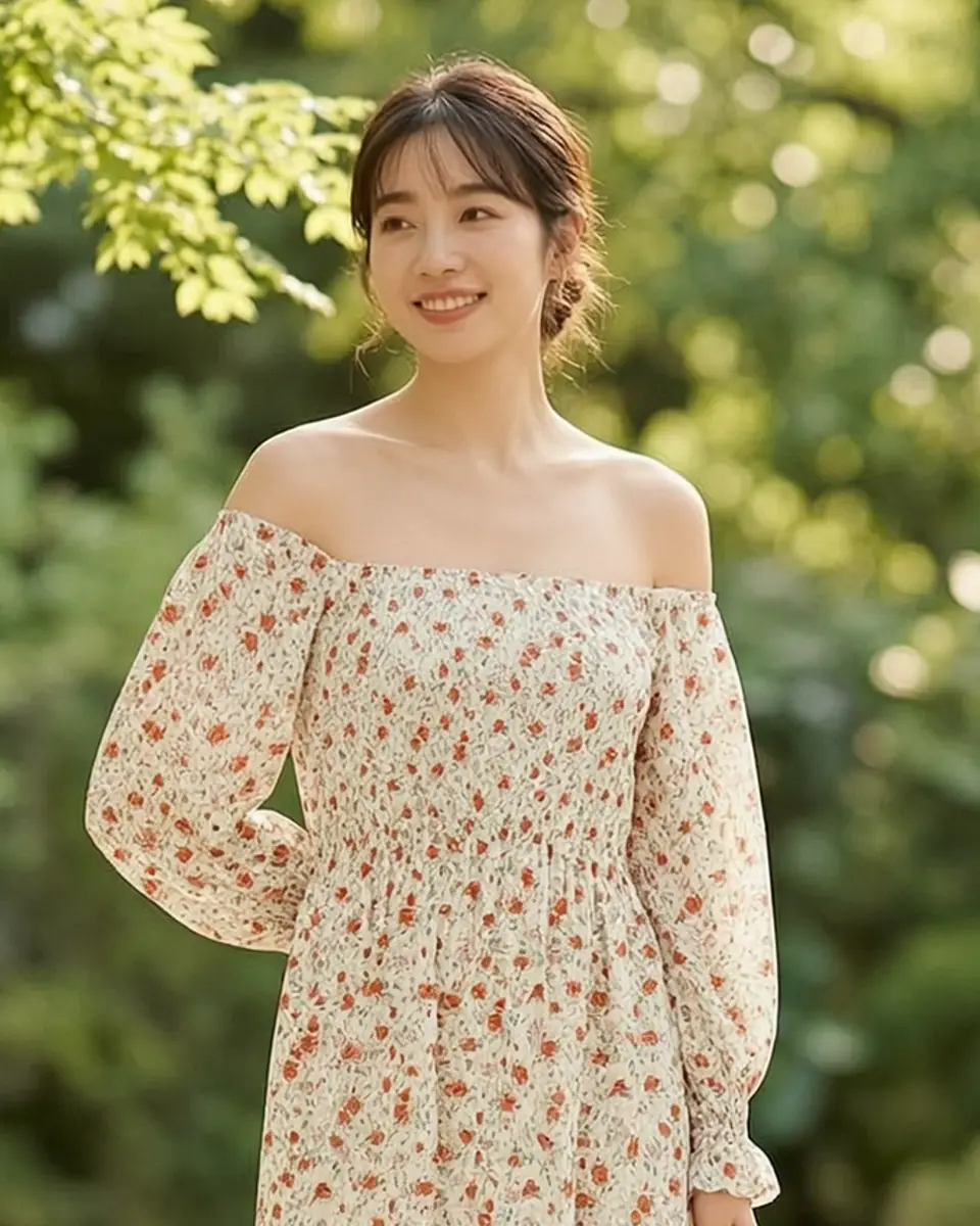 잔꽃 시폰 미디 드레스 실루엣