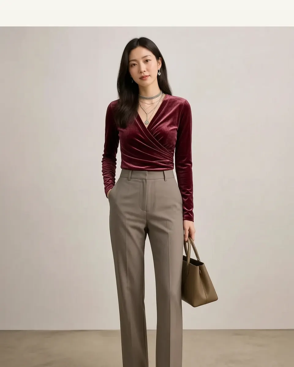 Crossover V-neck Pleated Long-sleeve T-shirt Casual Top