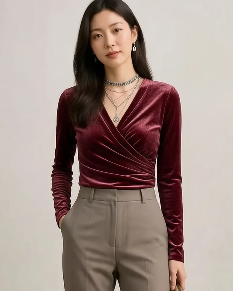 크로스오버 V넥 플리츠 티셔츠 실루엣