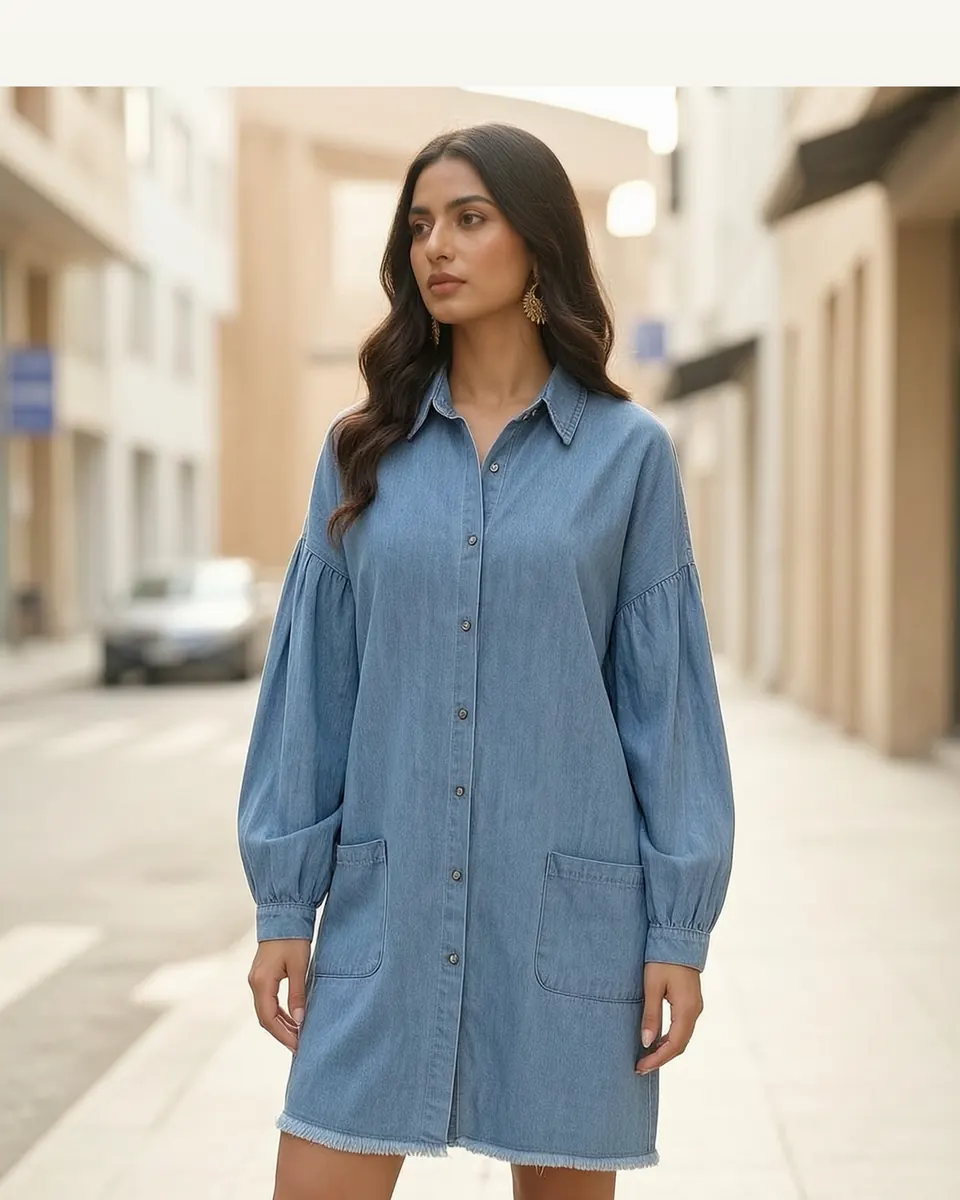 Turn-down Collar Lantern Long Sleeves Single-breasted Relaxed-fit Midi Denim Dress