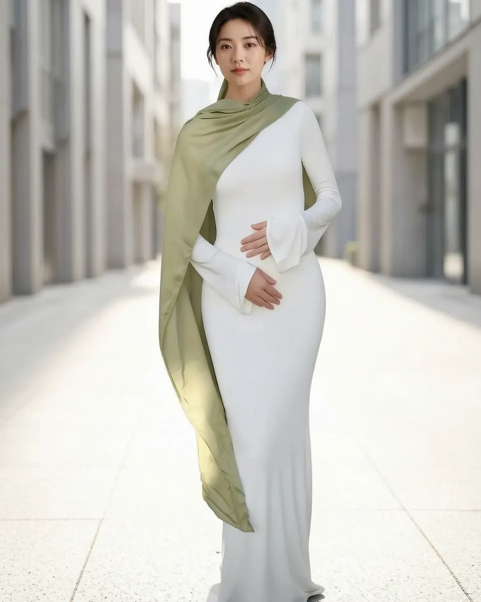 European And American-style Minimalist Fitted Long-sleeve Dress Paired With A Green Shawl