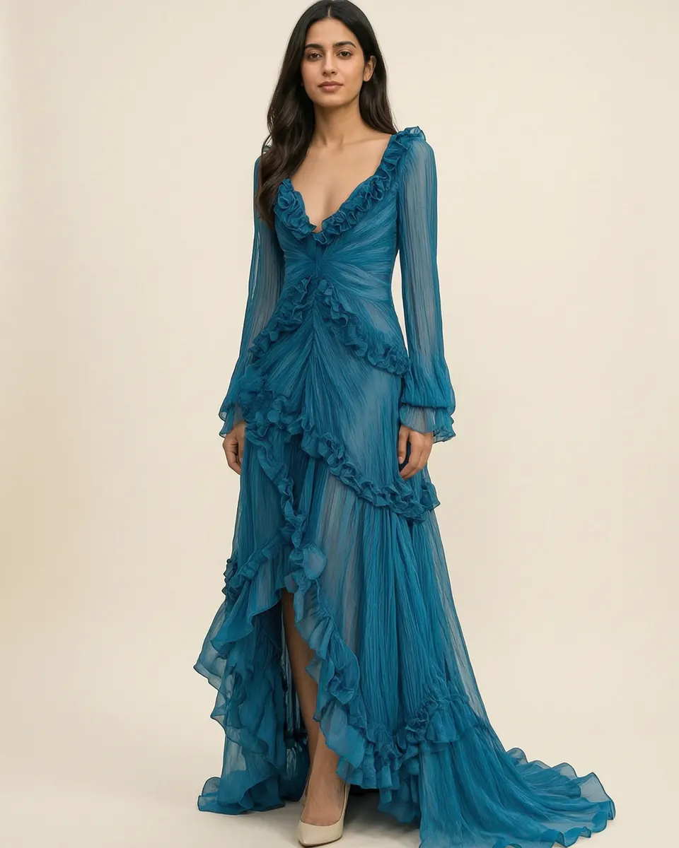 Peacock Blue Deep V-Neck Ruffled Dress