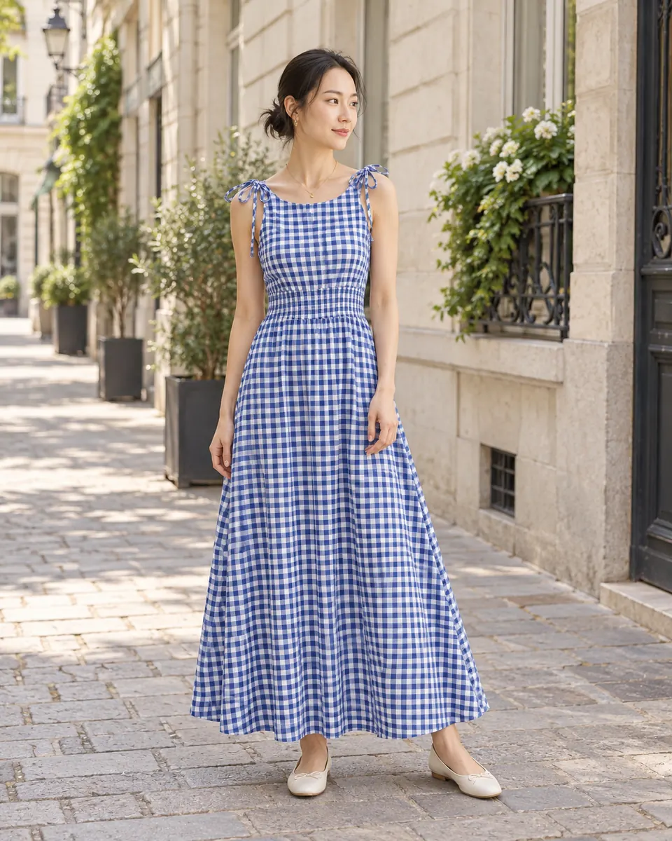 Plaid Long Skirt Bow-tie Shoulder Straps And Ruffled Waistline Dress