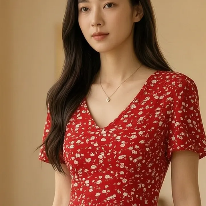 프렌치 빈티지 레드 플로럴 원피스 디테일