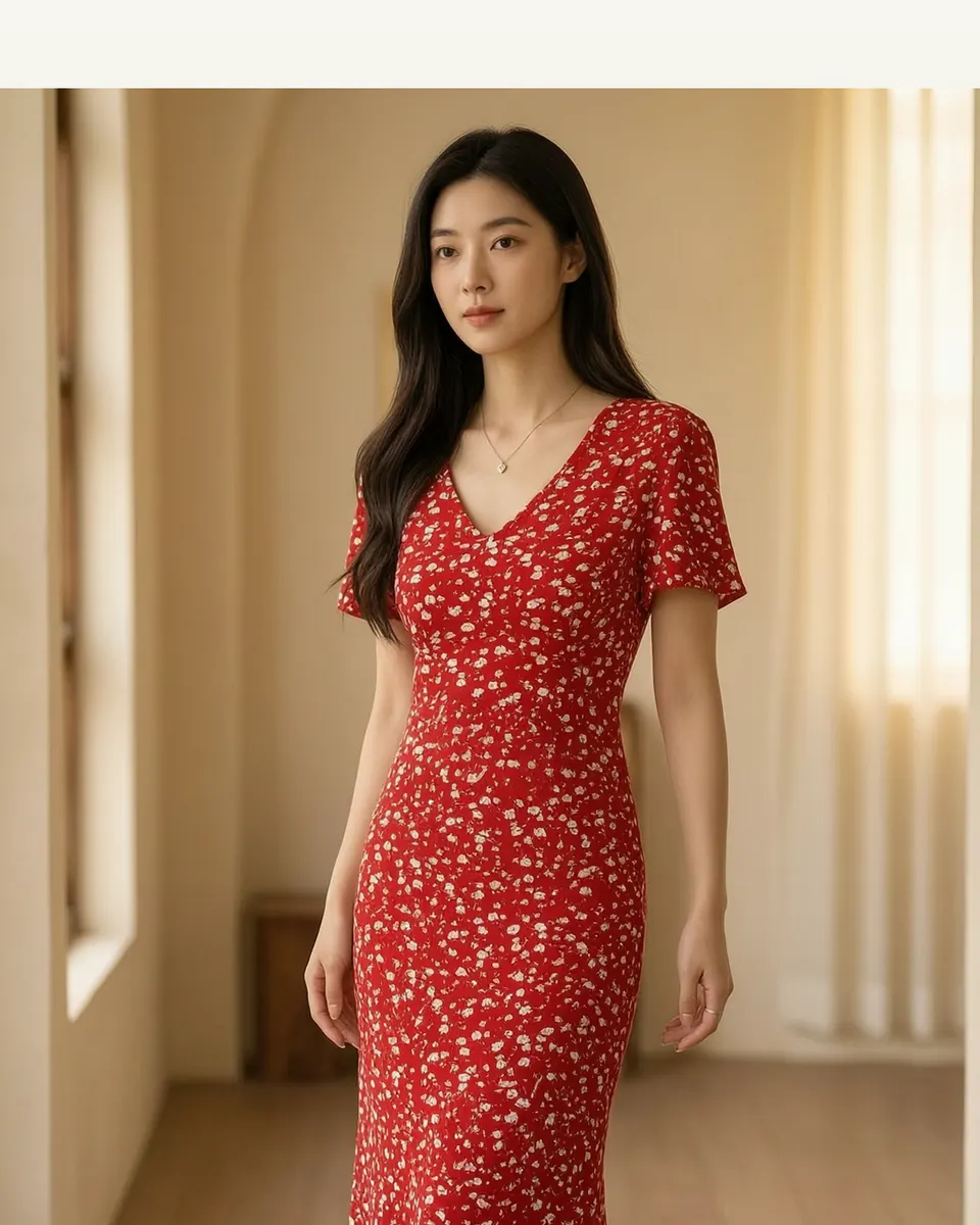 French-style Vintage Red Floral-print Dress