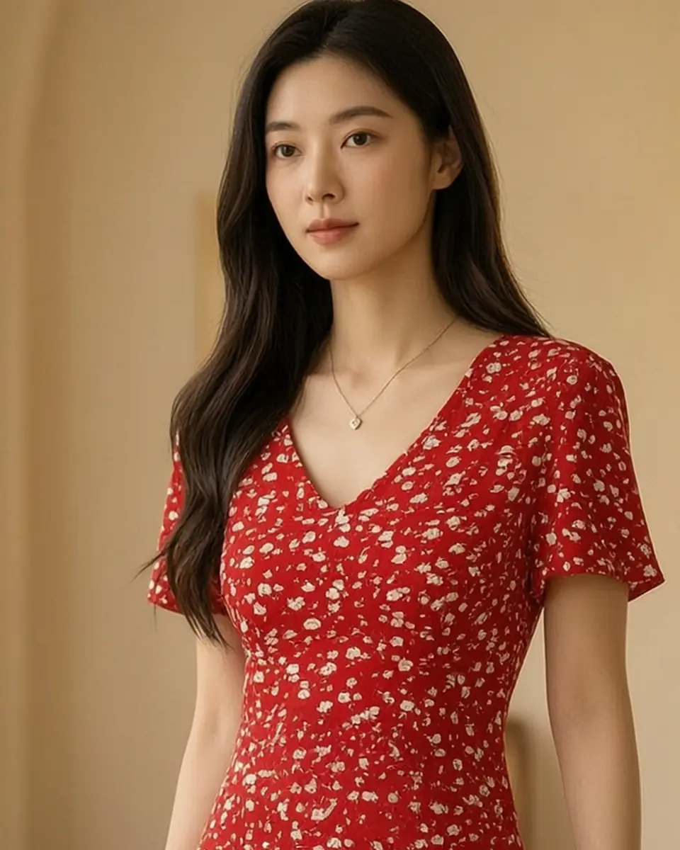 프렌치 빈티지 레드 플로럴 원피스 실루엣