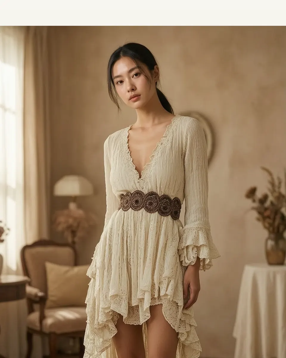Ruffled Floral Tassel Lace Vintage Dress