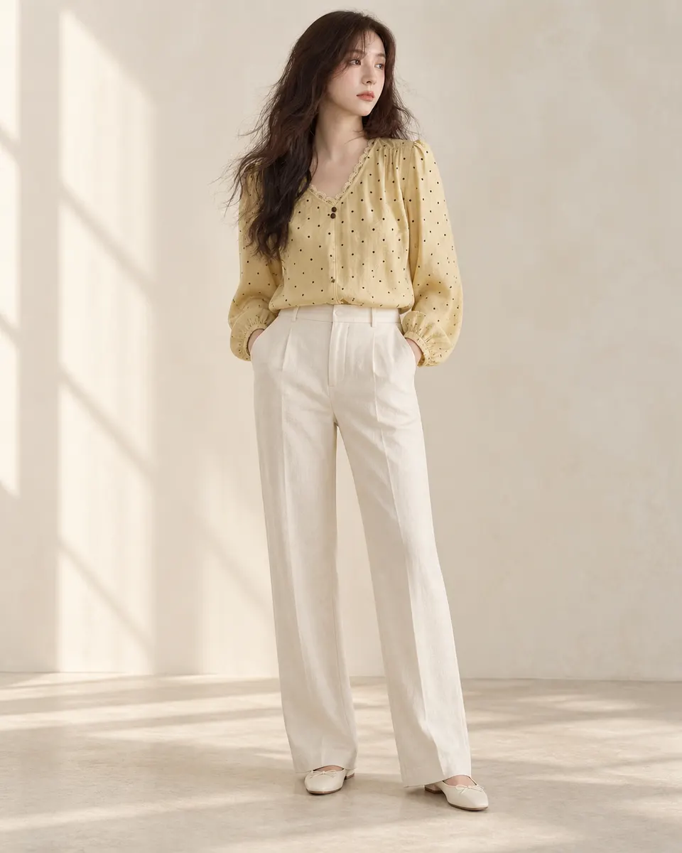 Yellow Polka-Dot Linen Blouse For Women Lace-Trimmed V-Neck Commuter-Style Designer Top